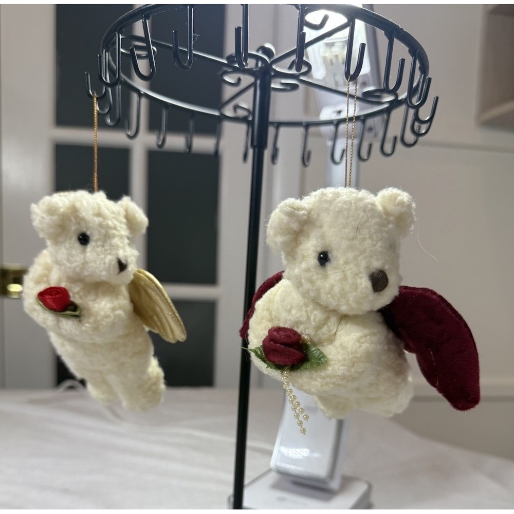 2 VTG Russ Berries Teddy Bear Angels Wings Christmas Ornaments‎ Plush Stuffed 5"